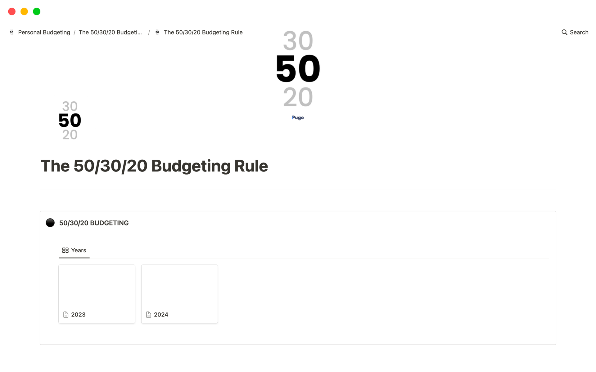 A template preview for 50/30/20 Personal Budgeting (Budget Tracker)