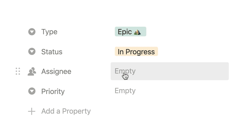 An animation showing a label for priority changing status, being dragged and dropped and an assignee being tagged in a Notion database property view